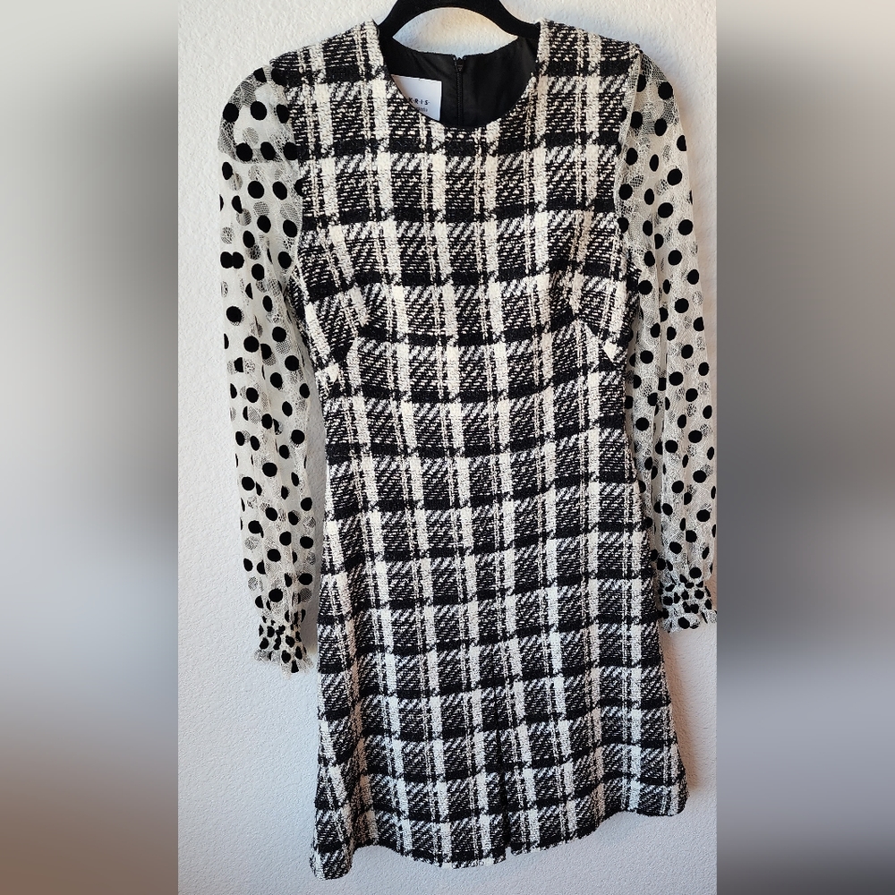 AKRIS Punto Black White Tweed Swiss Dot Sleeve Dress Size 4 - Picture 4 of 10